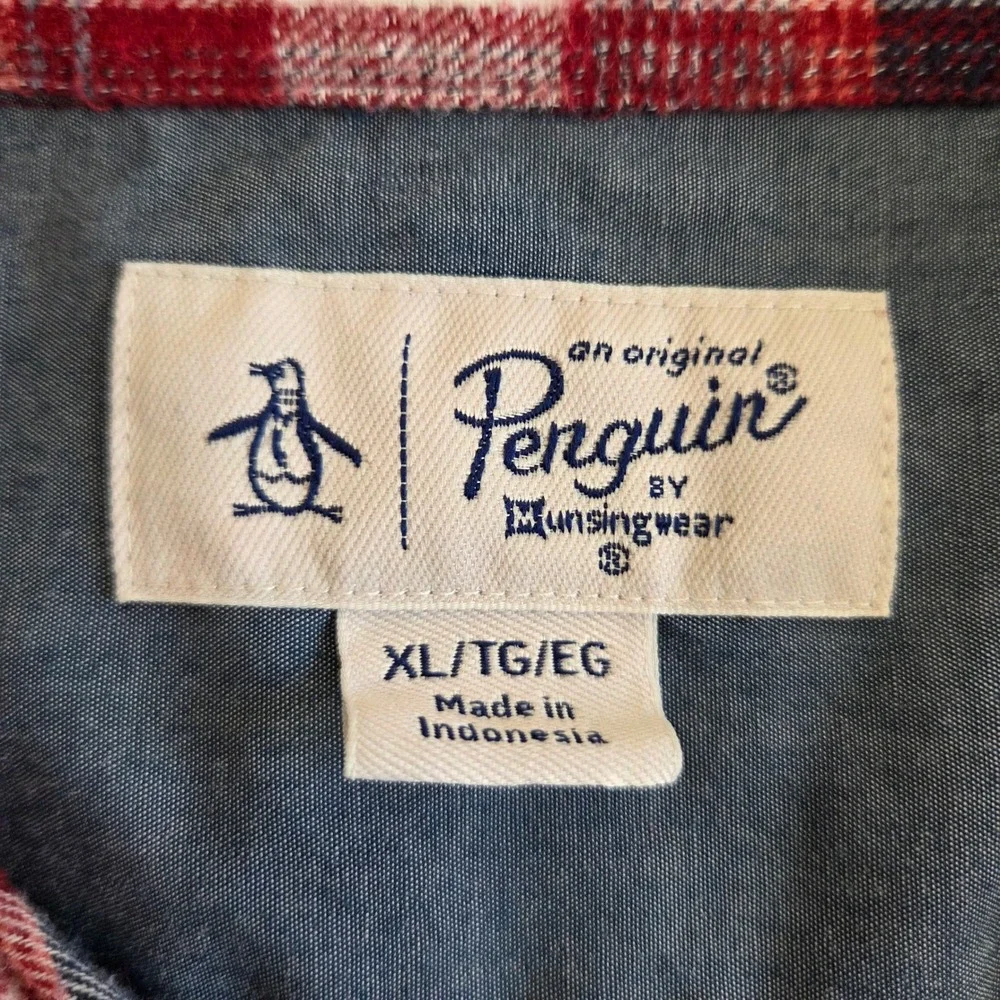 Original Penguin Mens XL Plaid Button Down Shirt Red Navy Blue Long Sleeve Logo
